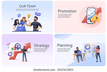 Our team, Promotion, strategy and planning business concepts. Business concept illustrations. Suitable for presentation slides templates or hero banner images for website. Modern 3D style. Vector 3D