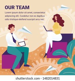 Our Team Square Banner. Young Businessman and Businesswoman Working on Tablet and Laptop in Office Background with Gears, Cogwheels and Flying Paper Planes. Teamwork Cartoon Flat Vector Illustration
