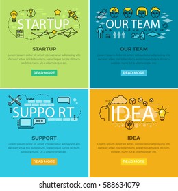 Our team startup and idea support vector creative web colourful poster. Business concept pictures with modern and futuristic signs of gadgets, human faces, useful ideas and information below