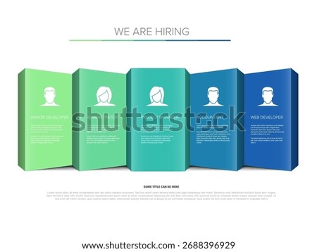 An "Our Team" or "We Are Hiring" concept infographic featuring distinct job roles: administrator, project manager, accountant, web developer. Infographic visually presents the team roles available
