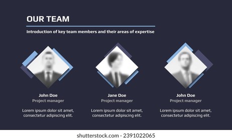 Our team web page with member avatars for business presentation or landing page on dark blue background. Website page vector template.