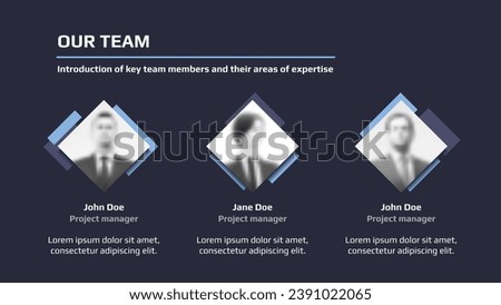 Our team web page with member avatars for business presentation or landing page on dark blue background. Website page vector template.