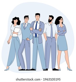 Our team, young businessmen and businesswomen. Business creative concept. Flat vector illustration in trendy style.