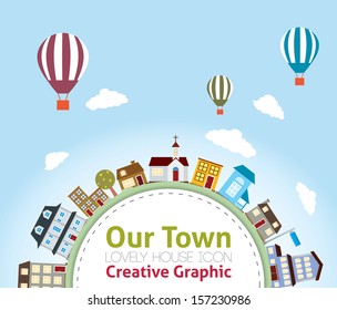 Our Town with Lovely House Icons  (hot air balloon in the sky)