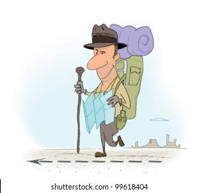 Our treasure hunting adventurer is hiking across the desert with his fedora, map, walking stick and a canteen. His sly smirk communicates confidence in his direction.