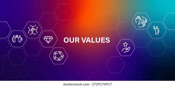 Nossos valores design de banner corporativo exibindo princípios básicos e conceito ético gradiente linha de fundo ícones declaração de missão