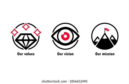 Our Values, Vision And Mission Icon. Business Goal Concept. Values Icon. Vision Sign. Mission Icon. Vector EPS 10. Isolated On White Background