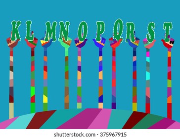 our world has a lot of colors, joy ,friendship and love
many different colored hands. palms raised upward and lift the letters.
vector illustration, editable to any size