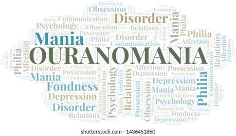 Ouranomania word cloud. Type of mania, made with text only.