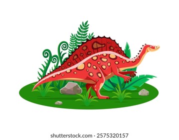 Ouranosaurus prehistoric dinosaur cartoon character. Isolated vector sail-backed friendly herbivore reptile animal in natural environment with greenery and rock. Early Cretaceous ancient era lizard