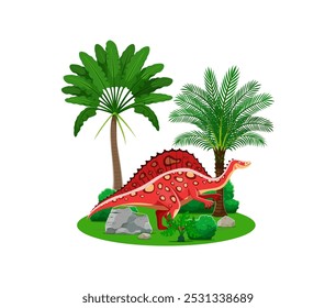 Personaje de dinosaurio prehistórico de Ouranosaurus. Dino rojo vibrante de Vector aislado con una Grande cresta espinal en una exuberante selva tropical con palmeras y vegetación. Educación en ciencias de la paleontología para niños