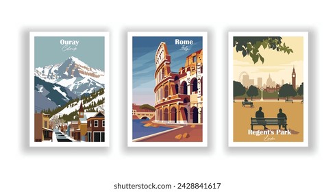 Ouray, Colorado. Regent's Park, London. Rome, Italy - Vintage travel poster. Vector illustration. High quality prints