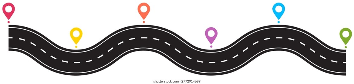 ourney path infographic template featuring winding highway route with location pins. Vector illustration isolated on white.