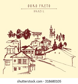 Ouro Preto, Minas Gerais, Brazil. Vintage hand drawn postcard or poster in vector