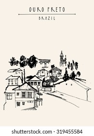 Ouro Preto, Minas Gerais, Brazil. Vertical vintage black and white hand drawn postcard or poster in vector. Travel sketch drawing