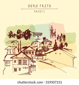 Ouro Preto, Minas Gerais, Brazil. Colorful vintage hand drawn postcard or poster in vector