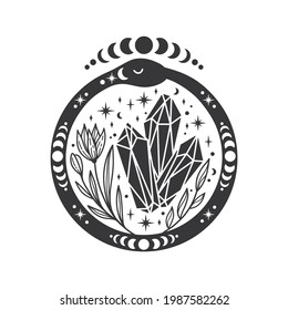 Ouroboros with crystals and flowers. Snake eating its own tail. Eternity or infinity symbol. Mystical design with moon phases and stars. Celestial tattoo vector illustration.