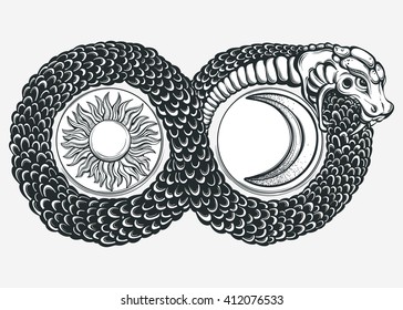 Ouroboros devouring its own tail. Tattoo design, witchcraft masonic, Infinity.  Isolated vector illustration. 
