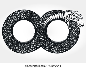 Ouroboros devouring its own tail. Tattoo design, witchcraft masonic, Infinity. Isolated vector illustration.