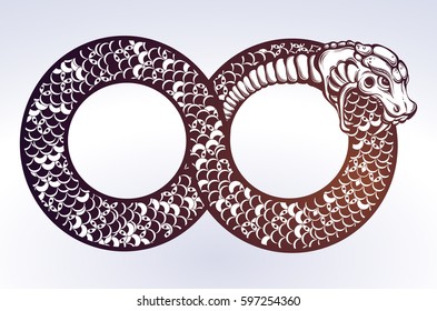 Ouroboros devouring its own tail. Tattoo design, t-shirt design, witchcraft masonic, Infinity. Isolated vector illustration.