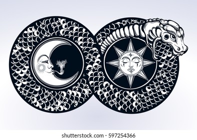 Ouroboros devouring its own tail. Tattoo design, t-shirt design, witchcraft masonic, Infinity. Isolated vector illustration.