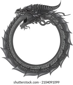 Ouroboros, eating his tail, a symbol of infinity, eternal cycle, unity of opposites, at each end corresponds to a new beginning. Eternal repetition. In alchemy there is a closed and cyclical process. 