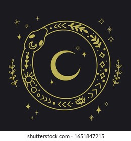 Ouroboros golden snake biting her tail isolated on black vector illustration. Ancient infinity symbol, clip art. Stars, moon, magic, ornaments, occult art