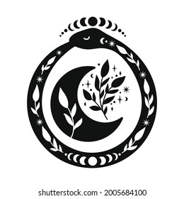 Ouroboros with half moon and floral branches. Snake eating its own tail. Eternity or infinity symbol. Mystical design with lunar phases and stars. Celestial tattoo vector illustration.