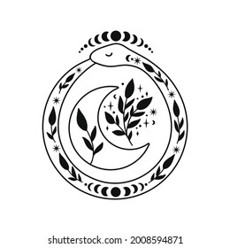 Ouroboros with half moon and floral branches. Snake eating its own tail. Eternity or infinity symbol. Mystical design with lunar phases and stars. Celestial tattoo vector illustration.