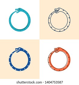 Ouroboros icon set in flat and line style. Ancient symbol of infinity. Snake eating his own tail. Vector illustration.