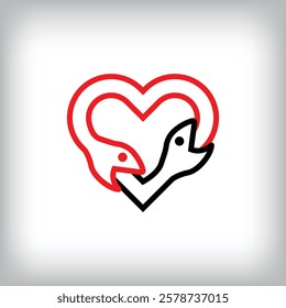 Ouroboros infinity heart sign logo design. Self-eating snake linear design for companies. Traditional reptile template