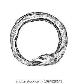 Ouroboros logo - ink occult tattoo. Isolated on white background. Hand Drawn sketch. Snake biting and Eating his Tail. Mythological esoteric monster symbol of infinity, eternity Illustration.