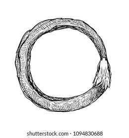 Ouroboros logo - ink occult tattoo. Isolated on white background. Hand Drawn sketch. Snake biting and Eating his Tail. Mythological esoteric monster symbol of infinity, eternity Illustration. 