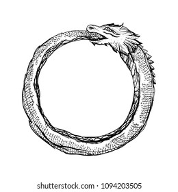 Ouroboros logo - ink tattoo shape isolated on white background. Abstract hand Drawn sketch Snake biting and Eating his Tail - Mythological esoteric monster symbol of infinity, eternity Illustration. 