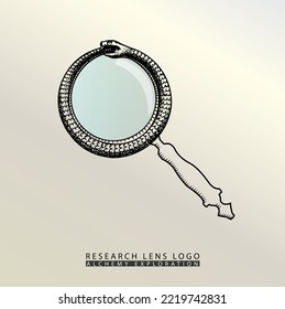 Ouroboros magnifying glass. Logo, symbol, snake lens icon for esoteric research concept.