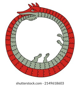 Ouroboros. Mythological snake eating its own tail. Medieval coiled serpent or dragon. Round animal frame. Illuminated manuscript style. Isolated vector illustration.