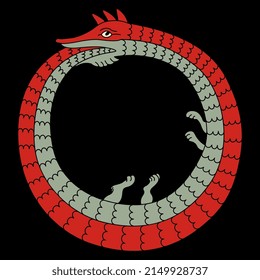 Ouroboros. Mythological snake eating its own tail. Medieval coiled serpent or dragon. Round animal frame. Illuminated manuscript style. Isolated vector illustration. On black background.