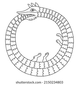 Ouroboros. Mythological snake eating its own tail. Medieval coiled serpent or dragon. Round animal frame. Illuminated manuscript style. Black and white linear silhouette.