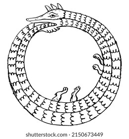 Ouroboros. Serpiente mitológica comiéndose su propia cola. Serpiente o dragón de cocodrilo medieval. Marco redondo de animales. Estilo manuscrito iluminado. Esbozo en bruto de doodle lineal dibujado a mano. Silueta negra sobre blanco