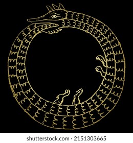 Ouroboros. Mythological snake eating its own tail. Medieval coiled serpent or dragon. Round animal frame. Illuminated manuscript style. Hand drawn linear doodle rough sketch. Yellow gold silhouette on