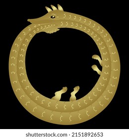 Ouroboros. Mythological snake eating its own tail. Medieval coiled serpent or dragon. Round animal frame. Illuminated manuscript style. Golden glossy silhouette on black background.