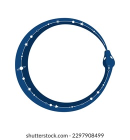 Ouroboros, a serpent with a cosmic pattern on its back, coiled in a ring, biting its tail, isolated on a white background. A symbol of infinity and endless rebirth. Flat vector illustration