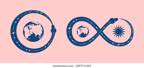 Ouroboros, a serpent with a cosmic pattern on its back coiled in a ring around planet Earth and biting its tail. A snake making an infinity sign around planet Earth and sun. Flat vector illustration