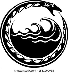 ouroboros serpent curled up around sea waves
