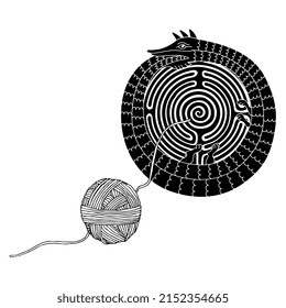 Ouroboros serpent with round spiral maze or labyrinth symbol and a yarn ball thread. Mythological snake eating its own tail. Round animal frame. Creative concept. Black and white silhouette.