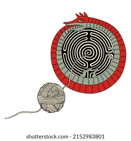 Ouroboros serpent with round spiral maze or labyrinth symbol and a yarn ball thread. Mythological snake eating its own tail. Creative concept.