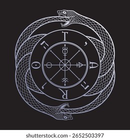 Ouroboros snake biting its own tail surrounding an esoteric wheel of fortune with alchemical symbols vector illustration. Dark magical aesthetic, perfect for occult, spiritual, and mystical themes