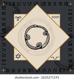 ouroboros snake eat tail ancient alchemical symbol design engraving vector illustration in vintage old medieval style