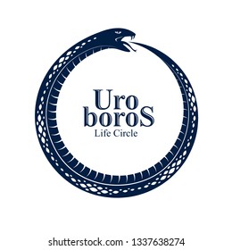 Ouroboros Snake in a shape of circle, endless cycle of life and death, ancient Uroboros symbol vector illustration, Serpent eating its own tale, logo, emblem or tattoo.