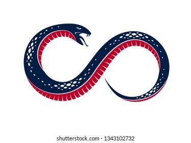 Ouroboros Snake in a shape of infinity symbol, endless cycle of life and death, ancient Uroboros symbol vector illustration, Serpent eating its own tale, logo, emblem or tattoo.
